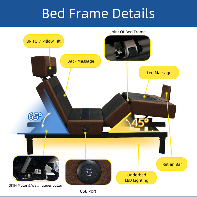 Relx RA1005 Brown Adjustable Bed Frame Details